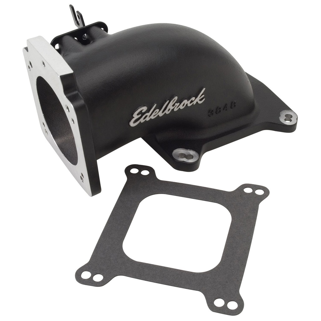 Edelbrock 38483: Low Profile Intake Elbow for 90mm Throttle Body to 4150 Square-bore Flange in Black Powder Coated Finish