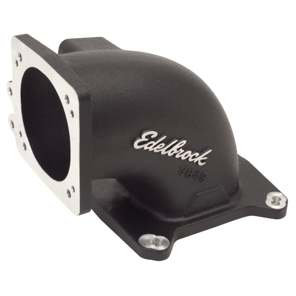 Edelbrock 38493: High Flow Intake Elbow for 95mm Throttle Body to 4150 Square-Bore Flange in Black Powder Coated Finish