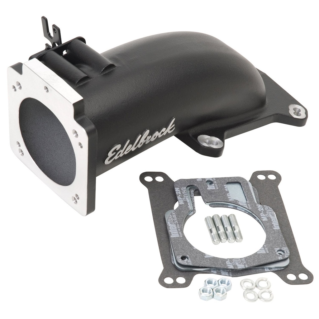 Edelbrock 38473: Ultra Low Profile Intake Elbow for 90mm Throttle Body to 4150 Square-bore Flange in Black Powder Coated Finish