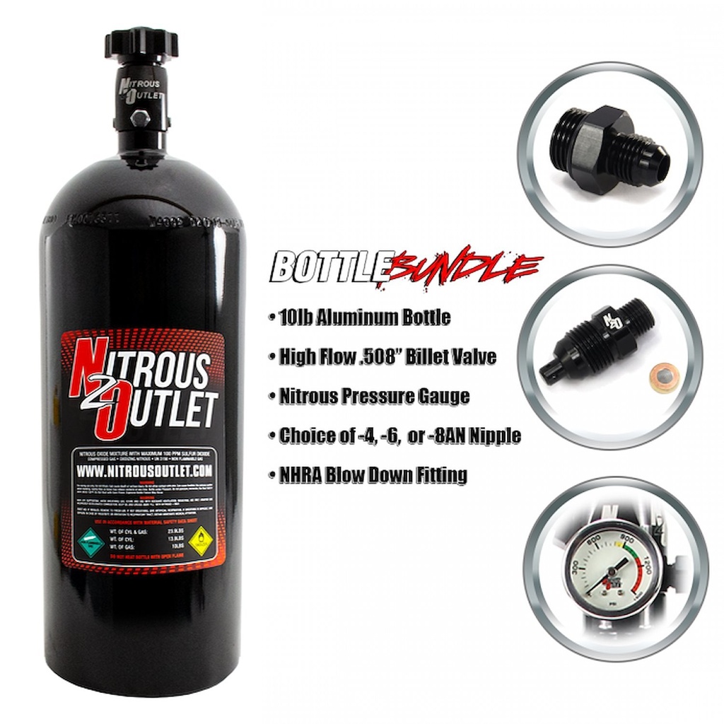 Nitrous Outlet 00-30140-6: 00-30140-6 10lb Bottle Bundle, .508 ID Billet Valve/6AN Nipple/NHRA Blow Off/Pressure Gauge