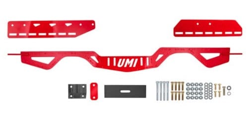 UMI Performance 3108-R: 3108-R Adjustable Modular Transmission Crossmember for 1978-1988 GM G-Body [Red]