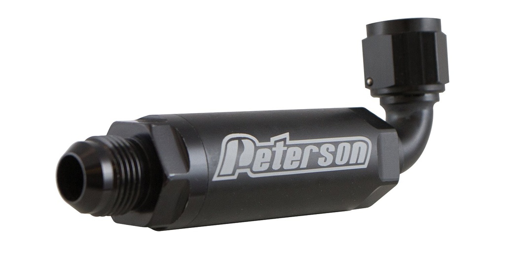 Peterson Fluid Systems 09-0408: Inline High Flow Scavenge Filter 90° -12AN Inlet and -12AN Outlet