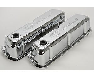 Ford Performance 302-070: Stamped Steel Tall Valve Covers for Small Block Ford 289-302-351W in Chrome with Embossed Ford Racing Emblem