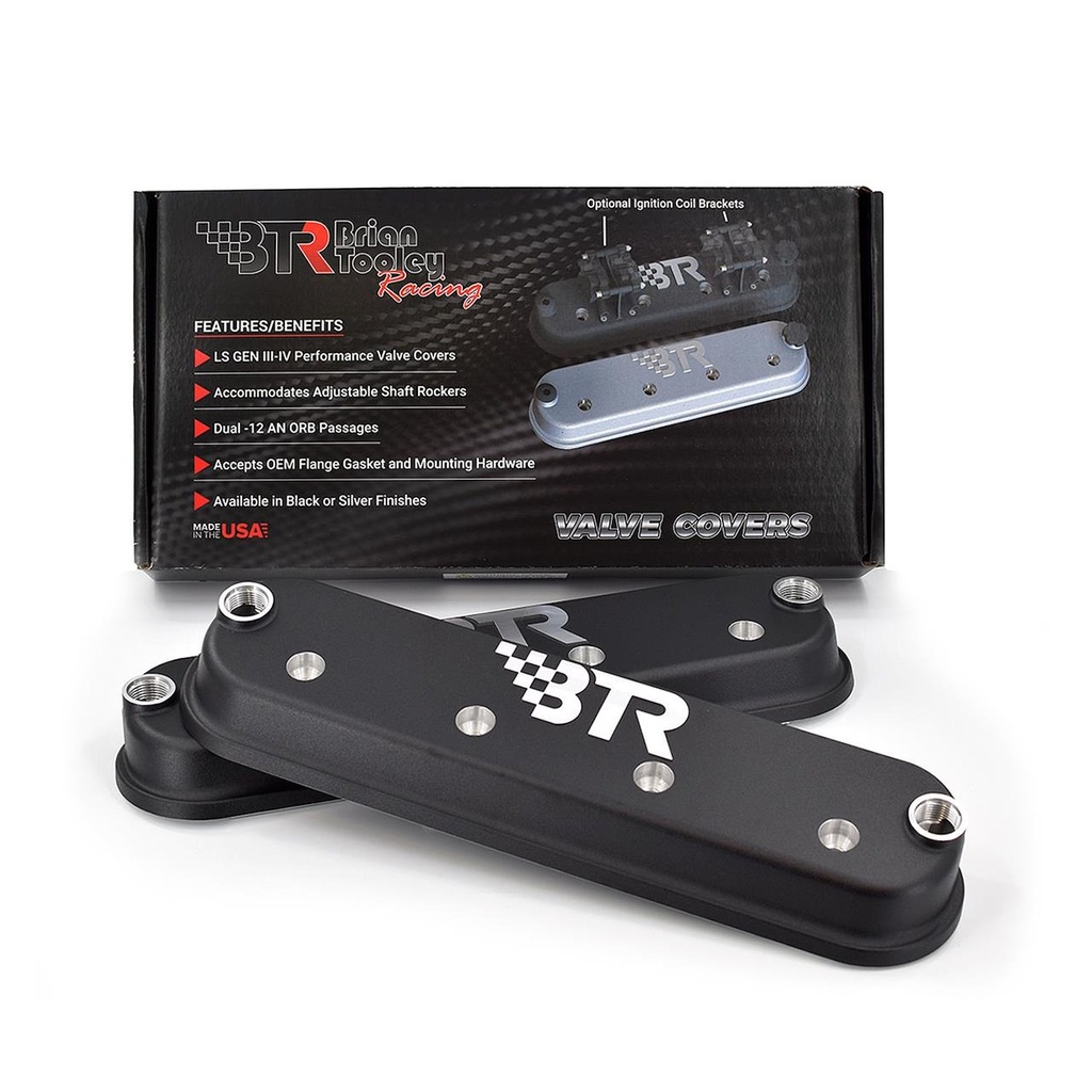 Brian Tooley Racing BTR VCA-02-BLK: VCA-02-BLK-CM Valve Cover Set, GM Gen III/Gen IV LS, w/o Coil Mounts [Black Powder-Coated]