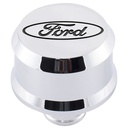 Ford Performance 302-439: Push-In Aluminum Valve Cover Air Breather Cap with Recessed Black Oval Ford Emblem in Chrome Finish