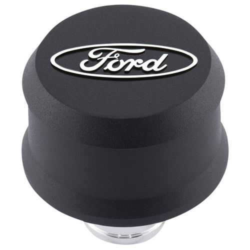 Ford Performance 302-435: Push-In Aluminum Valve Cover Air Breather Cap with Raised & Machined Oval Ford Emblem in Black Crinkle Finish