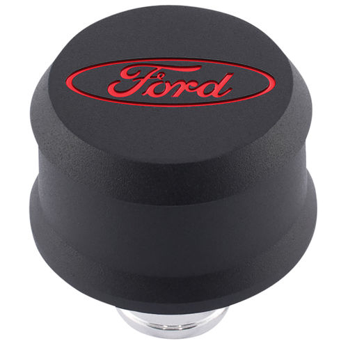 Ford Performance 302-440: Push-In Aluminum Valve Cover Air Breather Cap with Recessed Red Oval Ford Emblem in Black Crinkle Finish