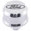 Ford Performance 302-438: Push-In Aluminum Valve Cover Air Breather Cap with Recessed Black Oval Ford Emblem in Polished Finish