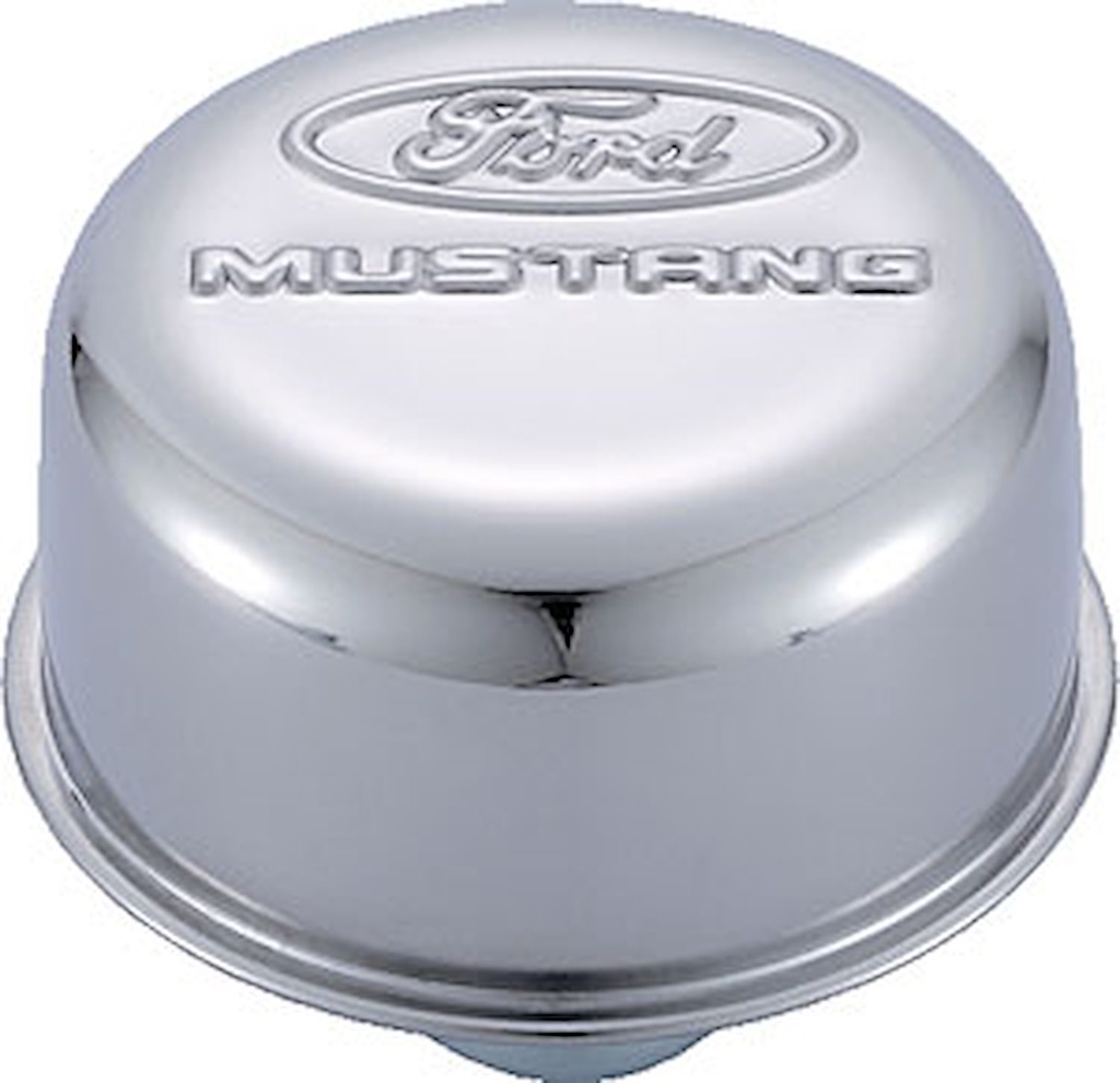 Ford Performance 302-220: Chrome Push-In Valve Cover Air Breather Cap with Ford MUSTANG Emblem