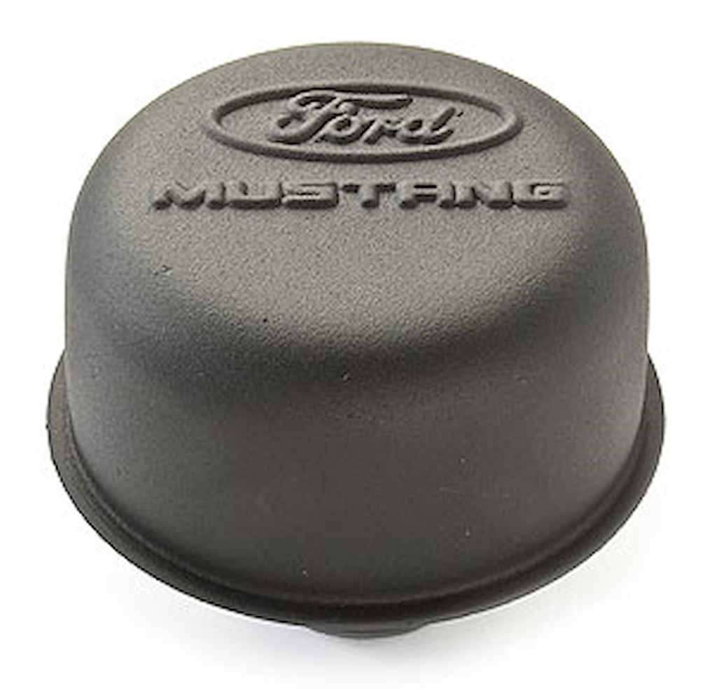 Ford Performance 302-221: Black Crinkle Push-In Valve Cover Breather with Ford MUSTANG Emblem