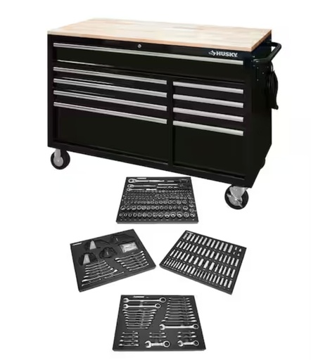[HUS-469WT-K] Tool Storage 46 in. W x 18 in. D 9-Drawer Mobile Workbench Cabinet in Gloss Black with TOOL BOX 280-Pieces