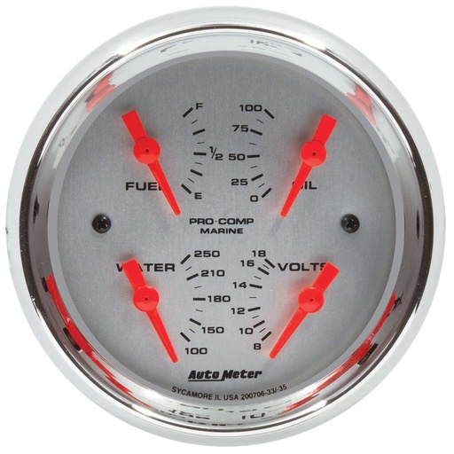 [ATM-200706-35] AutoMeter 3-3/8" QUAD GAUGE, 100 PSI/100-250 °F/8-18V/240-33 Ω, MARINE CHROME