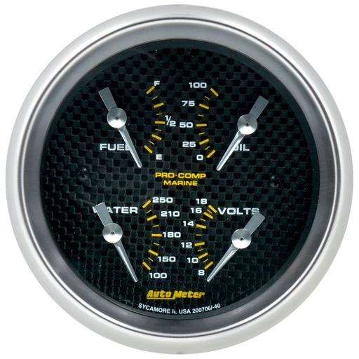 [ATM-200706-40] AutoMeter 3-3/8" QUAD GAUGE, 100 PSI/100-250 °F/8-18V/240-33 Ω, MARINE WHITECARBON FIBER