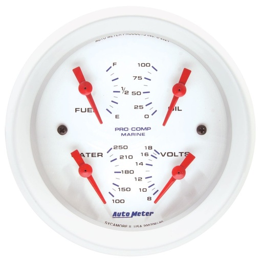 [ATM-200706] AutoMeter 3-3/8" QUAD GAUGE, 100 PSI/100-250 °F/8-18V/240-33 Ω, MARINE WHITE