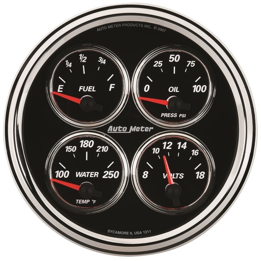 [ATM-1224] AutoMeter 5" QUAD GAUGE, 100 PSI/100-250 °F/8-18V/0-90 Ω, DESIGNER BLACK II