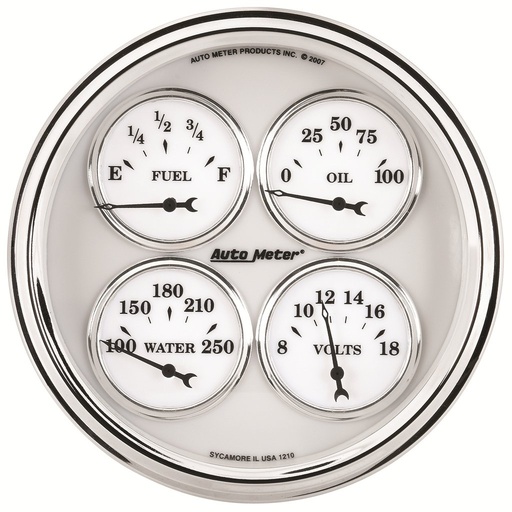[ATM-1210] AutoMeter 5" QUAD GAUGE, 100 PSI/100-250 °F/8-18V/240-33 Ω, OLD-TYME WHITE II