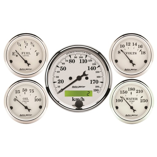 [ATM-1602-M] AutoMeter 5 PC. GAUGE KIT, 3-1/8" & 2-1/16", ELECTRIC SPEEDOMETER, KM/H, OLD TYME WHITE