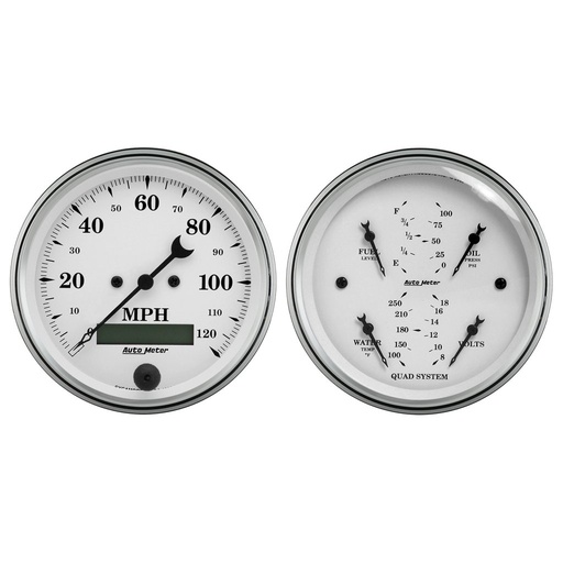 [ATM-1600] AutoMeter 2 PC. GAUGE KIT, 3-3/8" QUAD & SPEEDO, ELECTRIC, 240-33 Ω, OLD TYME WHITE