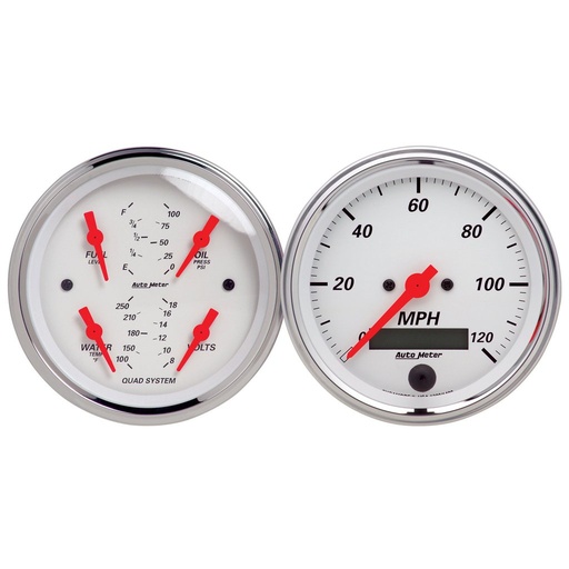 [ATM-1308] AutoMeter 2 PC. GAUGE KIT, 3-3/8" QUAD & SPEEDO, ELECTRIC, 240-33 Ω, ARCTIC WHITE