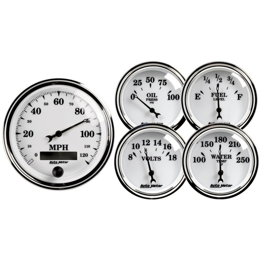 [ATM-1200] AutoMeter 5 PC. GAUGE KIT, 3-3/8" & 2-1/16", ELECTRIC SPEEDOMETER, OLD TYME WHITE II