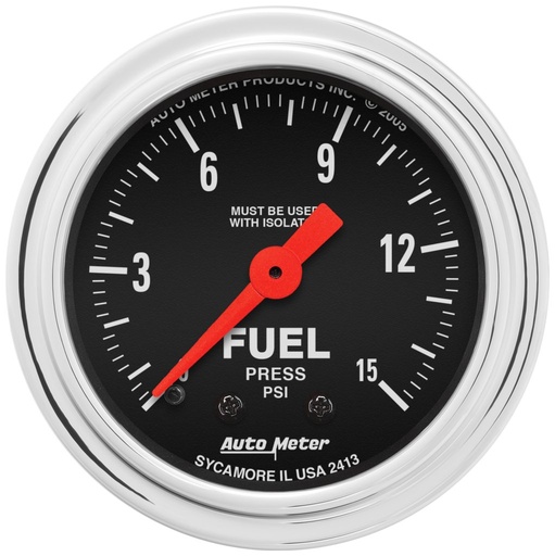 [ATM-2413] AutoMeter 2-1/16" FUEL PRESSURE W/ ISOLATOR, 0-15 PSI, MECHANICAL, TRADITIONAL CHROME