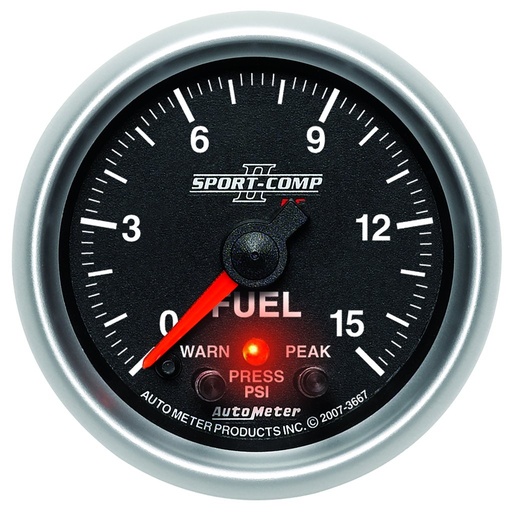 [ATM-3667] AutoMeter 2-1/16" FUEL PRESSURE, W/ PEAK & WARN, 0-15 PSI, STEPPER MOTOR, SPORT-COMP II