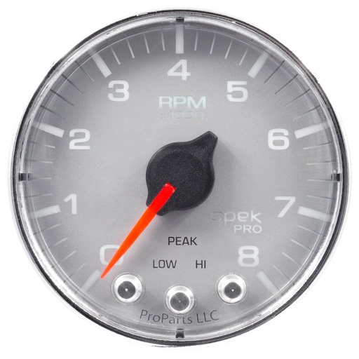 [ATM-P334218] AutoMeter 2-1/16" IN-DASH TACHOMETER, 0-8,000 RPM, SPEK-PRO, SILVER DIAL, CHROME BEZEL, FLAT ANTIGLARE LENS