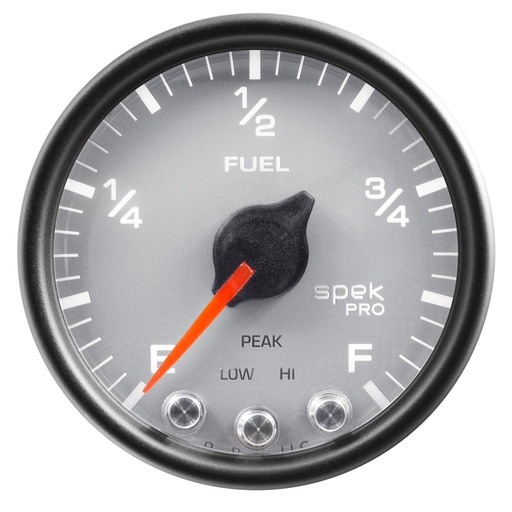 [ATM-P31222] AutoMeter 2-1/16" FUEL LEVEL, PROGRAMMABLE 0-300 Ω, STEPPER MOTOR, SPEK-PRO, SILVER DIAL, BLACK BEZEL, CLEAR LENS