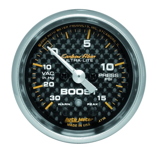 [ATM-4776] AutoMeter 2-1/16" BOOST/VACUUM, W/ PEAK & WARN, 30 IN HG/15 PSI, STEPPER MOTOR, CARBON FIBER