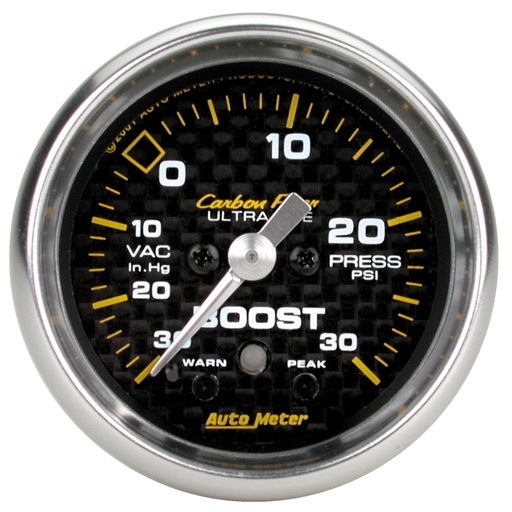 [ATM-4777] AutoMeter 2-1/16" BOOST/VACUUM, W/ PEAK & WARN, 30 IN HG/30 PSI, STEPPER MOTOR, CARBON FIBER