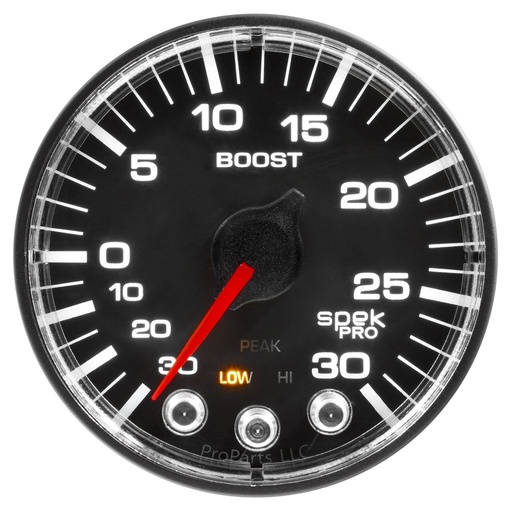 [ATM-P302328] AutoMeter 2-1/16" BOOST/VACUUM, 30 IN HG/30 PSI, STEPPER MOTOR, SPEK-PRO, BLACK DIAL, BLACK BEZEL, FLAT ANTIGLARE LENS