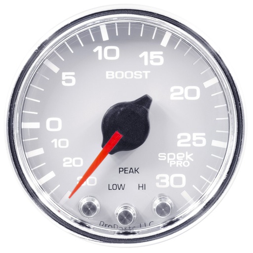[ATM-P30211] AutoMeter 2-1/16" BOOST/VACUUM, 30 IN HG/30 PSI, STEPPER MOTOR, SPEK-PRO, WHITE DIAL, CHROME BEZEL, CLEAR LENS