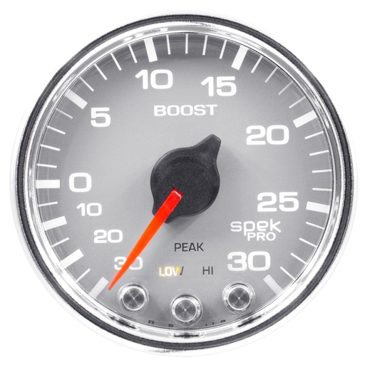 [ATM-P30221] AutoMeter 2-1/16" BOOST/VACUUM, 30 IN HG/30 PSI, STEPPER MOTOR, SPEK-PRO, SILVER DIAL, CHROME BEZEL, CLEAR LENS