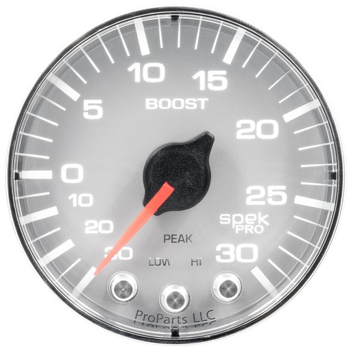 [ATM-P302218] AutoMeter 2-1/16" BOOST/VACUUM, 30 IN HG/30 PSI, STEPPER MOTOR, SPEK-PRO, SILVER DIAL, CHROME BEZEL, FLAT ANTIGLARE LENS