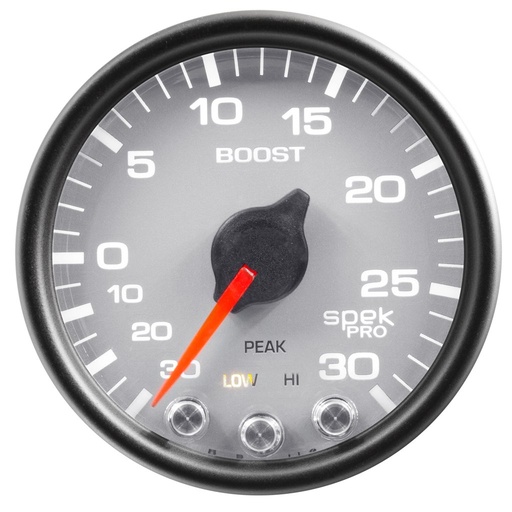 [ATM-P30222] AutoMeter 2-1/16" BOOST/VACUUM, 30 IN HG/30 PSI, STEPPER MOTOR, SPEK-PRO, SILVER DIAL, BLACK BEZEL, CLEAR LENS
