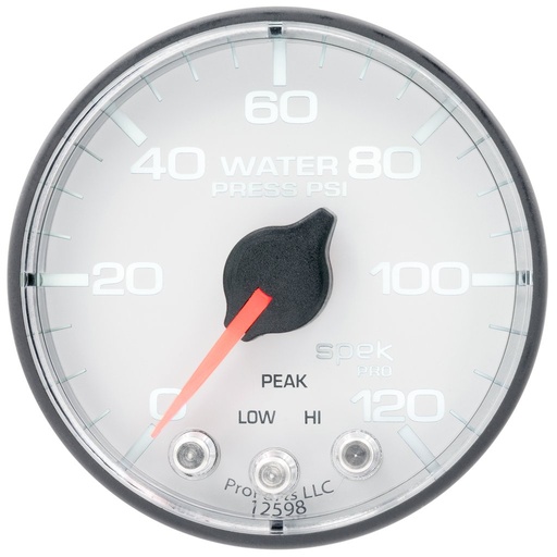 [ATM-P345128] AutoMeter 2-1/16" WATER PRESSURE, 0-120 PSI, STEPPER MOTOR, SPEK-PRO, WHITE DIAL, BLACK BEZEL, FLAT ANTIGLARE LENS