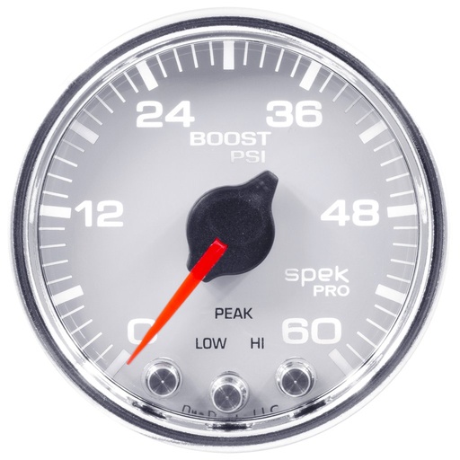[ATM-P30411] AutoMeter 2-1/16" BOOST, 0-60 PSI, STEPPER MOTOR, SPEK-PRO, WHITE DIAL, CHROME BEZEL, CLEAR LENS