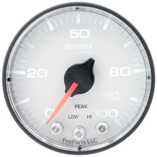 [ATM-P305128] AutoMeter 2 1/16", BOOST, 0-100PSI, STEPPER MOTOR, SPEK-PRO, WHITE DIAL, BLACK BEZEL, FLAT ANTIGLARE LENS