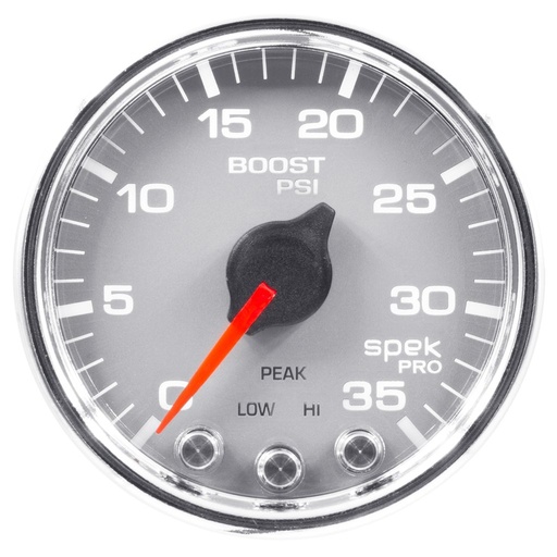 [ATM-P30321] AutoMeter 2-1/16" BOOST, 0-35 PSI, STEPPER MOTOR, SPEK-PRO, SILVER DIAL, CHROME BEZEL, CLEAR LENS