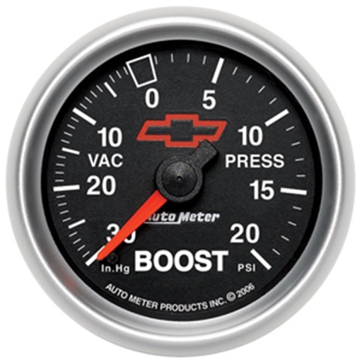 [ATM-3607-00406] AutoMeter 2-1/16" BOOST/VACUUM, 30 IN HG/20 PSI, CHEVY RED BOWTIE