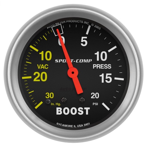 [ATM-3401] AutoMeter 2-5/8" BOOST/VACUUM, 30 IN HG/20 PSI, MECHANICAL, SPORT-COMP