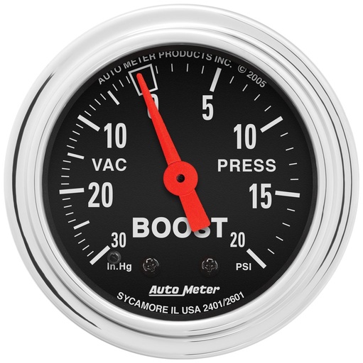 [ATM-2401] AutoMeter 2-1/16" BOOST/VACUUM, 30 IN HG/20 PSI, MECHANICAL, TRADITIONAL CHROME