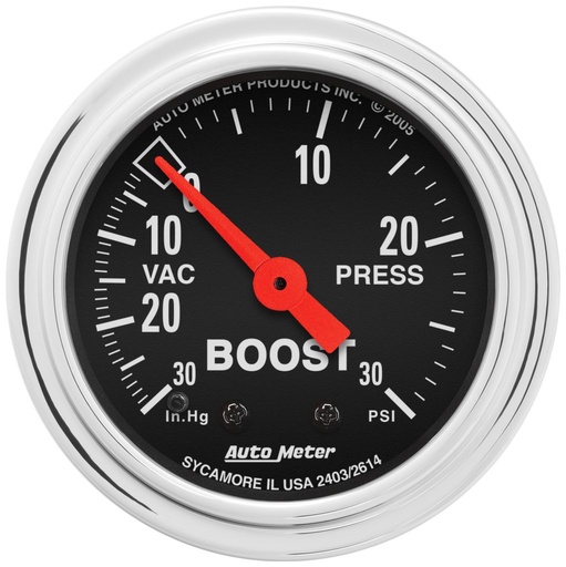 [ATM-2403] AutoMeter 2-1/16" BOOST/VACUUM, 30 IN HG/30 PSI, MECHANICAL, TRADITIONAL CHROME