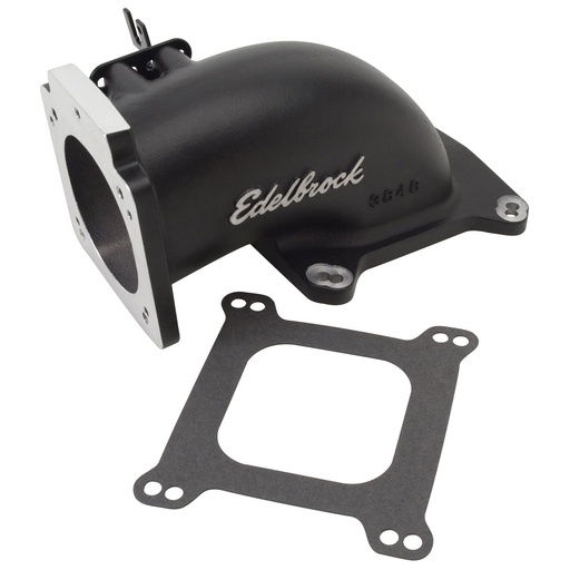[EDL-38483] Edelbrock 38483: Low Profile Intake Elbow for 90mm Throttle Body to 4150 Square-bore Flange in Black Powder Coated Finish