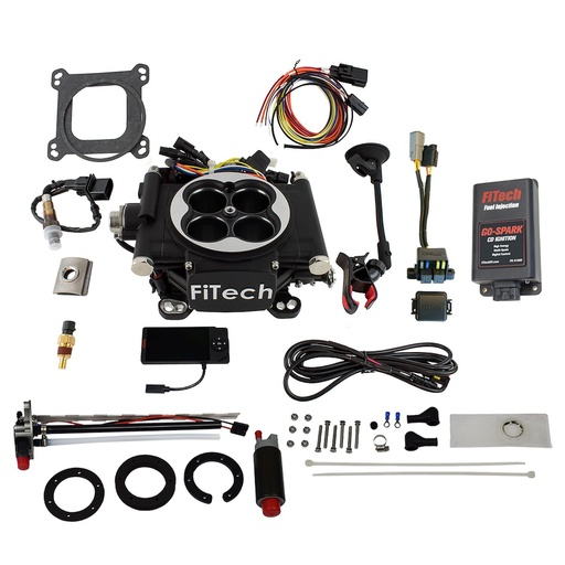 [FIF-93602] FITech Fuel Injection 93602: Go EFI-4 600 HP Throttle Body Fuel Injection Master Kit [With Go-Fuel Universal In-Tank Pump Module 340 LPH & CDI Box] Matte Bla