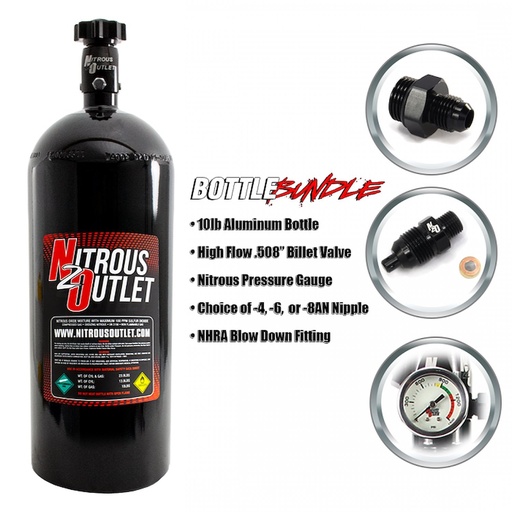 [NXO-00-30140-6] Nitrous Outlet 00-30140-6: 00-30140-6 10lb Bottle Bundle, .508 ID Billet Valve/6AN Nipple/NHRA Blow Off/Pressure Gauge