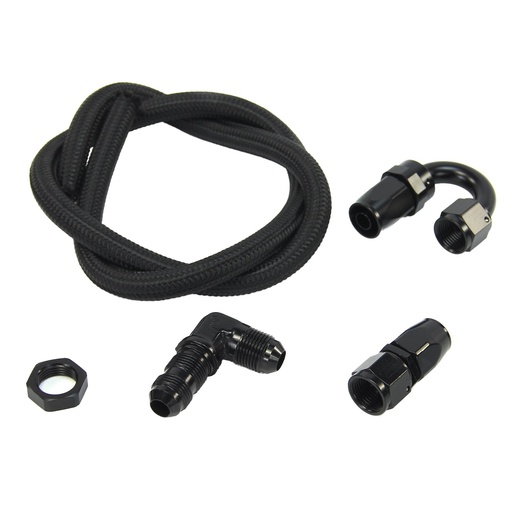 [NXO-00-35040-B] Nitrous Outlet 00-35040-B: 00-35040-B 8AN Pressure Relief Kit, 180-Degree to 90-Degree Bulk Head/3' Steel Braided Hose/Black Fittings