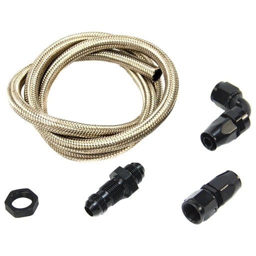 [NXO-00-35041-B] Nitrous Outlet 00-35041-B: 00-35041-B 8AN Pressure Relief Kit, 90-Degree to 90-Degree Bulk Head/3' Steel Braided Hose/Black Fittings