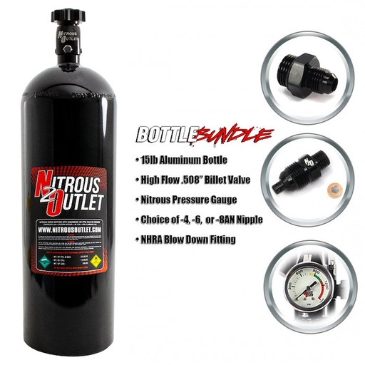 [NXO-00-30170-4] Nitrous Outlet 00-30170-4: 00-30170-4 15lb Bottle Bundle, .508 ID Billet Valve/4AN Nipple/NHRA Blow Off/Pressure Gauge