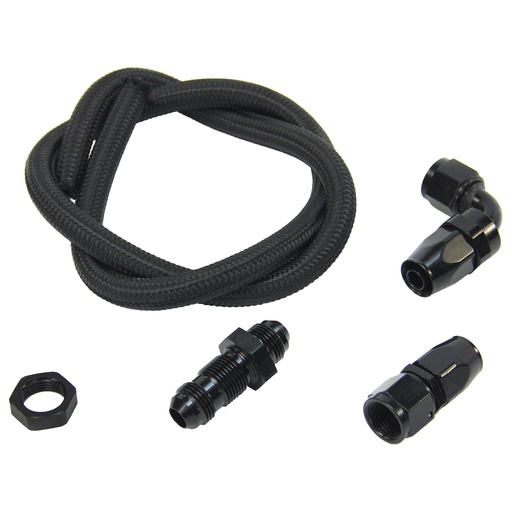 [NXO-00-35041-B-S] Nitrous Outlet 00-35041-B-S: 00-35041-B-S 8AN Pressure Relief Kit, 90-Degree to Straight Bulk Head/3' Steel Braided Hose/Black Fittings